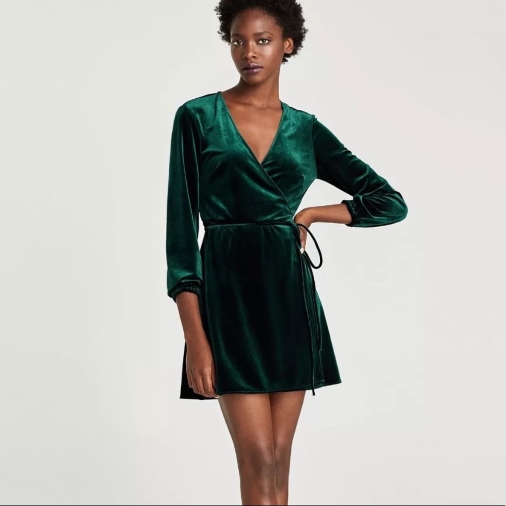 Zara Emerald Green Velvet Wrap Mini Dress